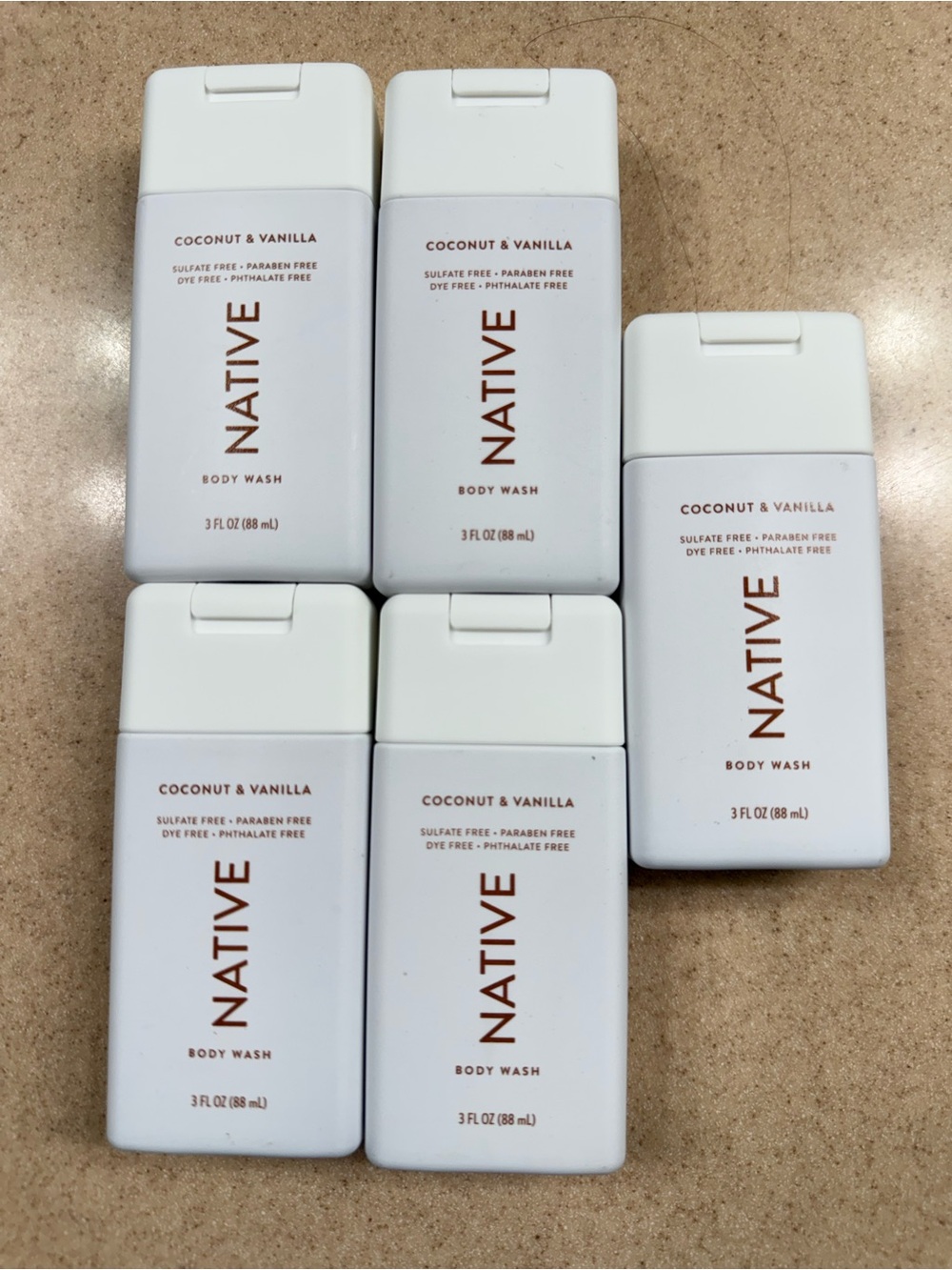 5 Native Coconut & Vanilla Travel Body Wash Bottles - travel size 3 oz